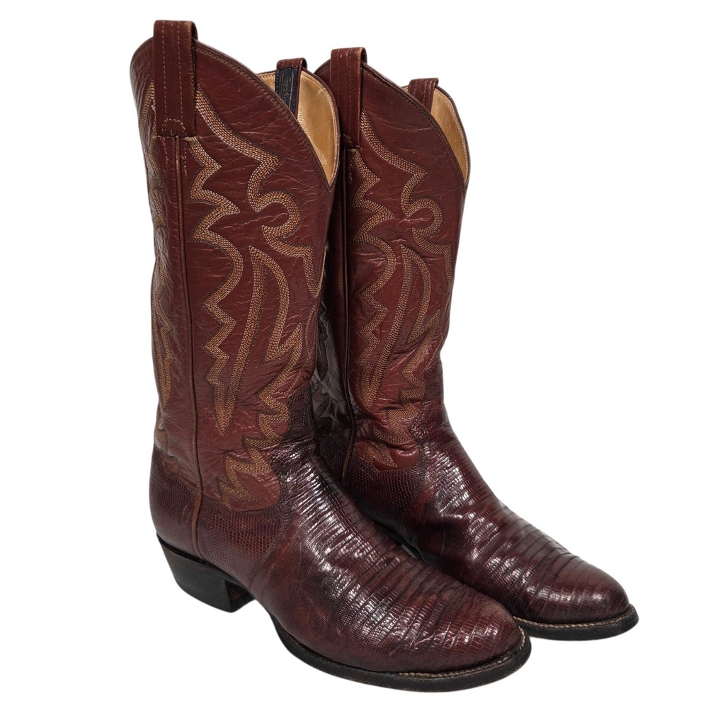 Vintage Panhandle Slim Cowboy Boots Mens 7.5 D Brown Teju Lizard Western 80s